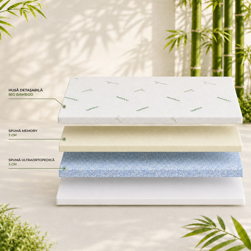 Topper Ortopedic MEMORY 3+3 cm cu Husă Detașabilă Bio Bamboo - imaginea 5