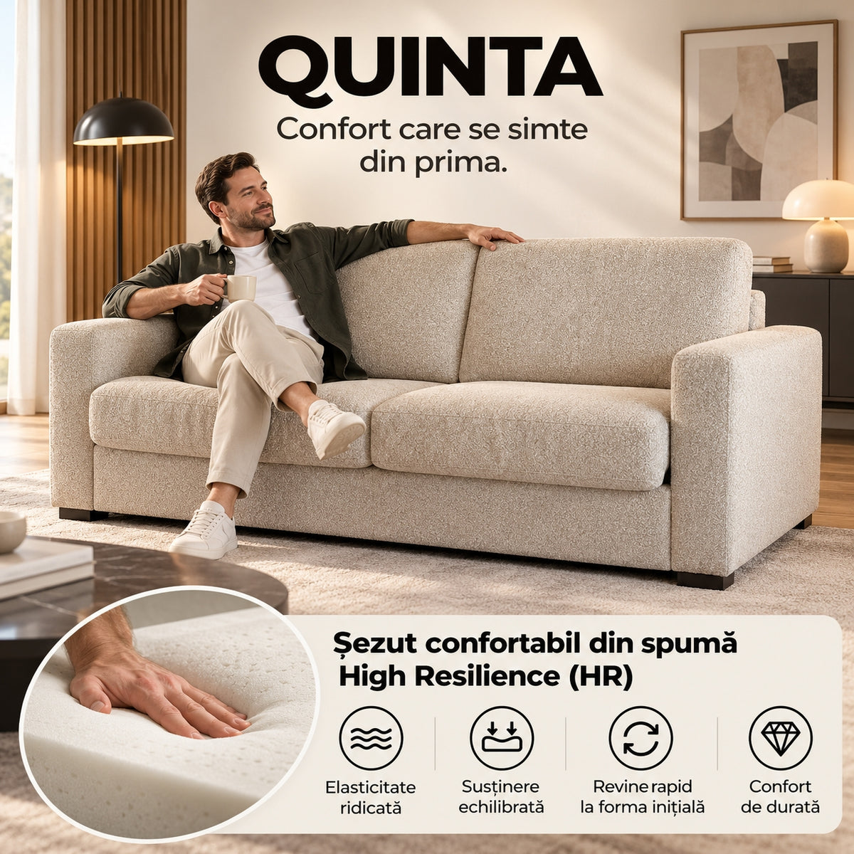 Canapea extensibilă QUINTA C3, șezut din spumă High Resilience (HR)