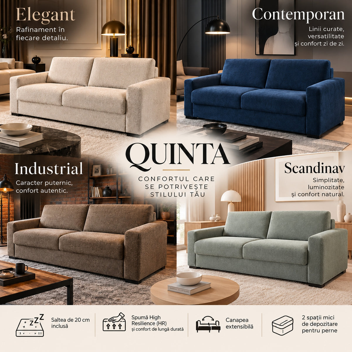 Canapea extensibilă QUINTA C2, culori disponibile pentru tapițerie