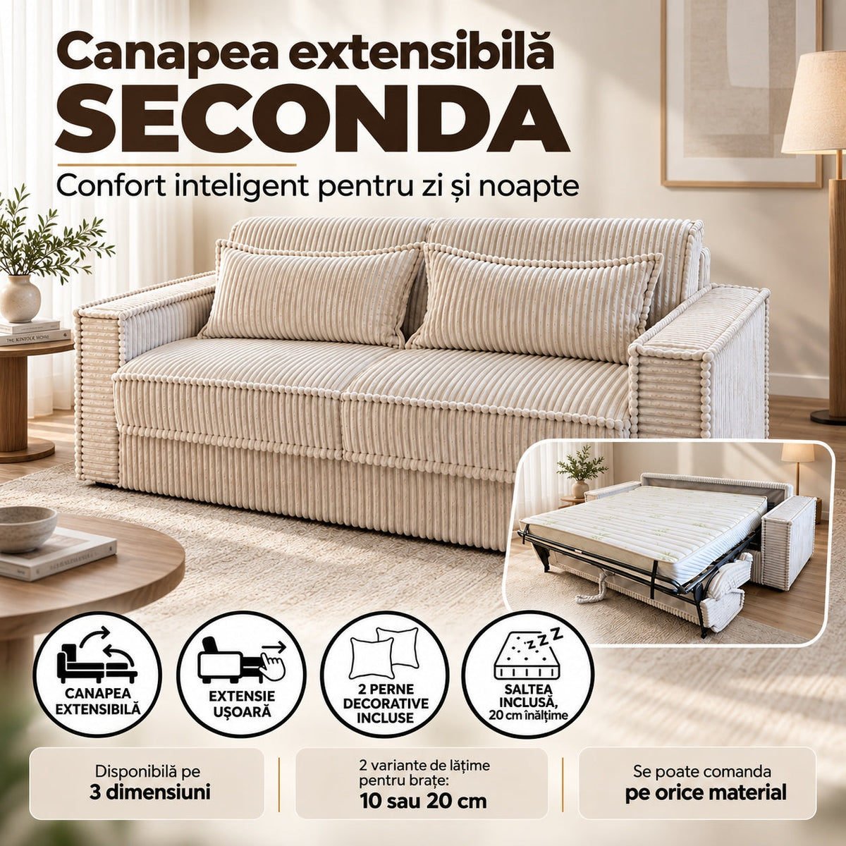 Canapea extensibilă SECONDA C4, cu saltea 160x190x20 cm - imaginea 5