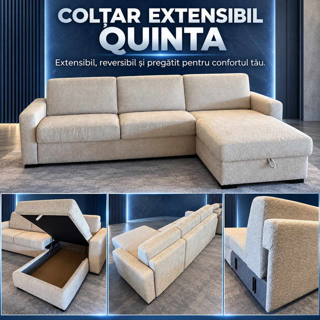 Colțar extensibil QUINTA C4+M, detalii: ladă, spătar și sistem de prindere