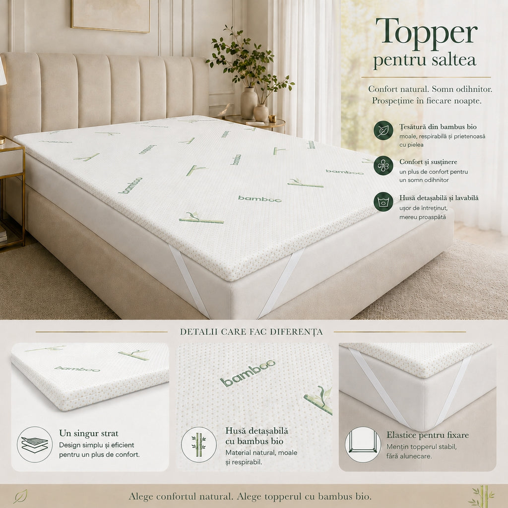 Topper Confort 5 cm cu Husă Detașabilă Bio Bamboo - imaginea 2