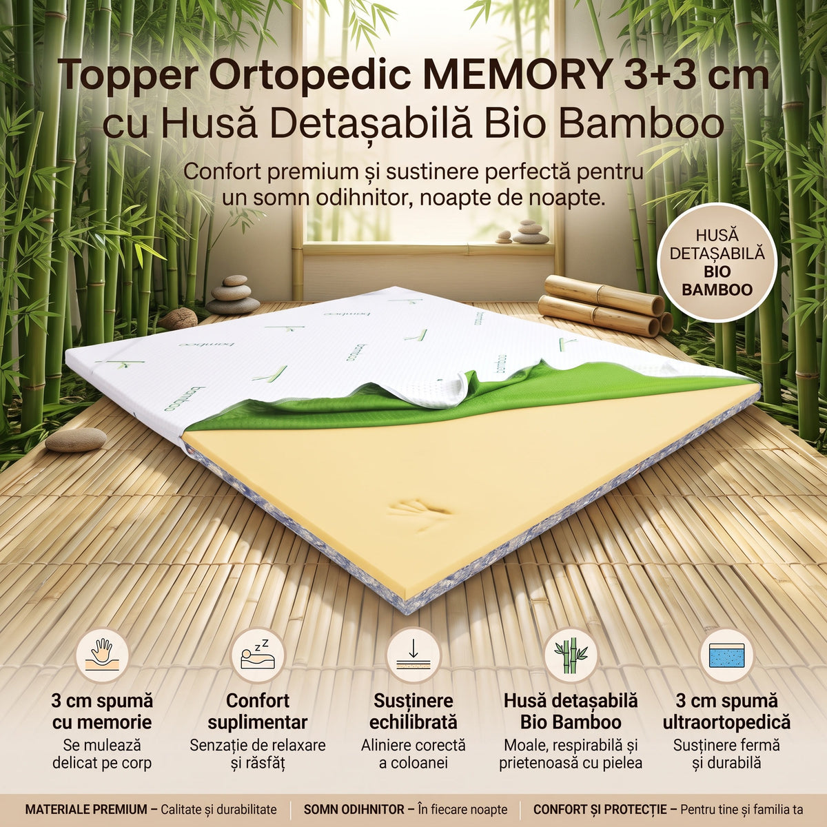 Topper Ortopedic MEMORY 3+3 cm cu Husă Detașabilă Bio Bamboo - imaginea 3