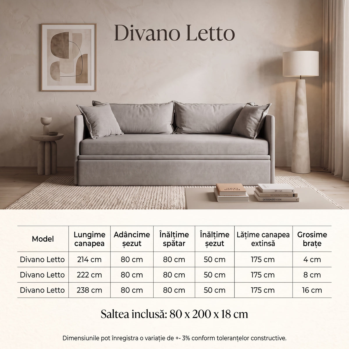 Canapea extensibila 3in1 DIVANO LETTO, cu saltea 80x200cm și perne decorative incluse - imaginea 8
