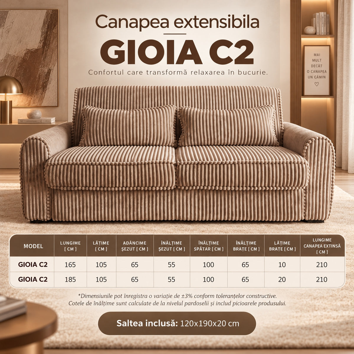 Canapea extensibilă GIOIA C2, cu saltea 120x190x20 cm - imaginea 8