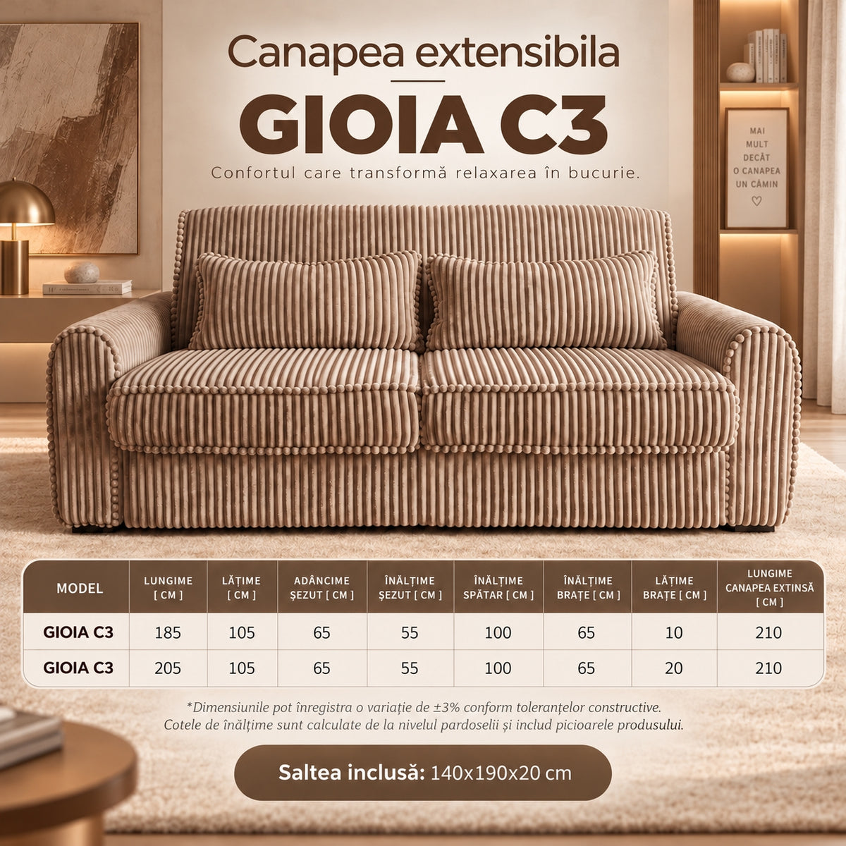 Canapea extensibilă GIOIA C3, cu saltea 140x190x20 cm - imaginea 8