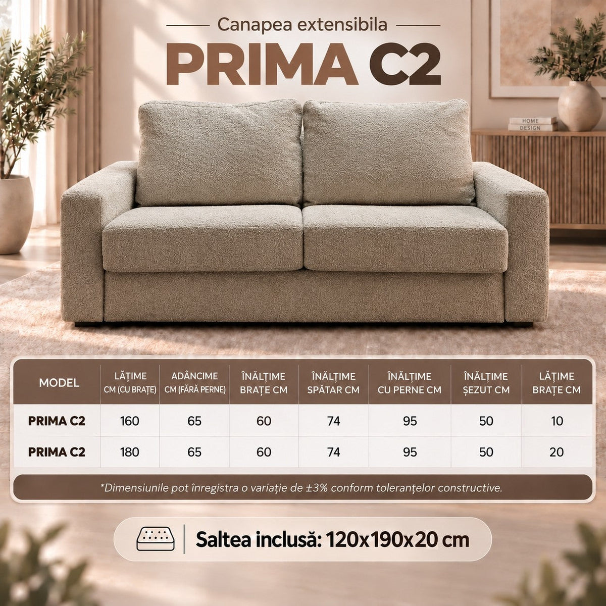 Canapea extensibilă PRIMA C2, cu saltea 120x190x20 cm - imaginea 12
