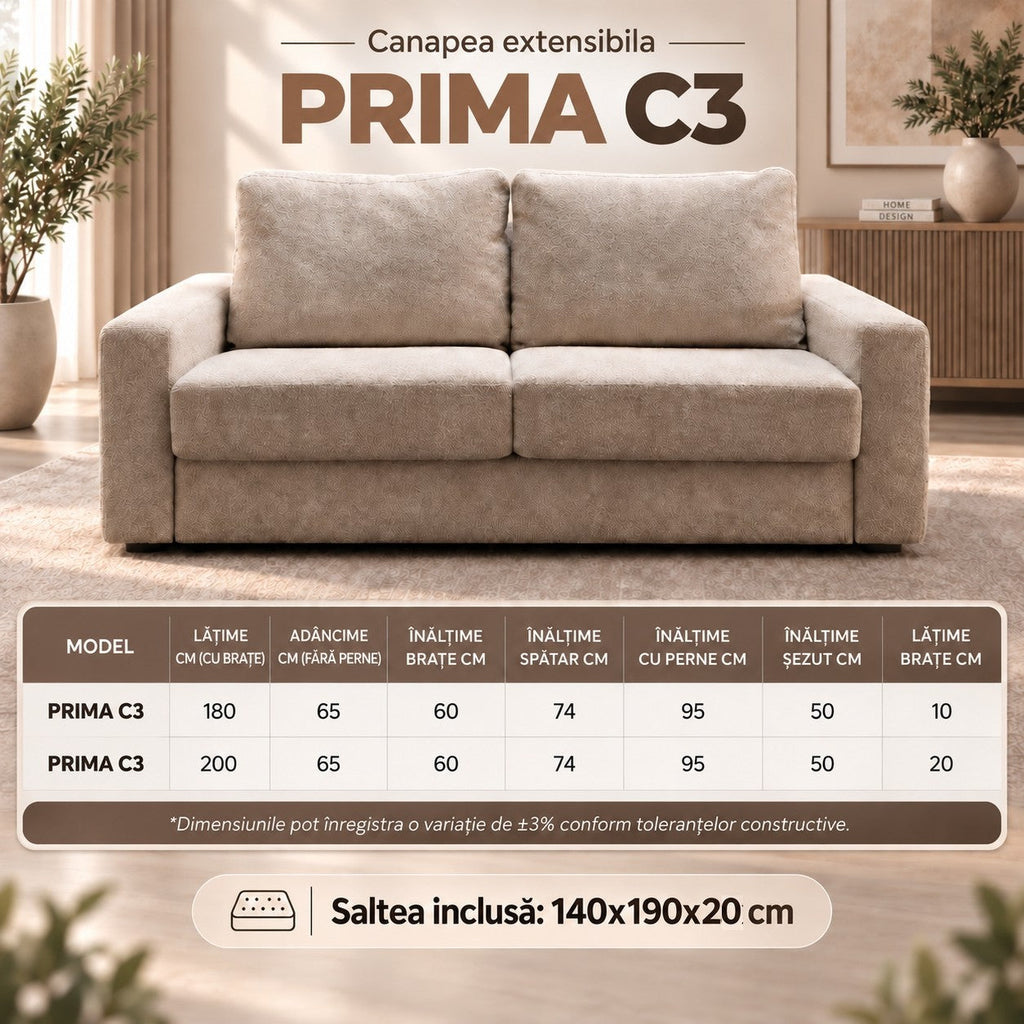 Canapea extensibilă PRIMA C3, cu saltea 140x190x20 cm - imaginea 12