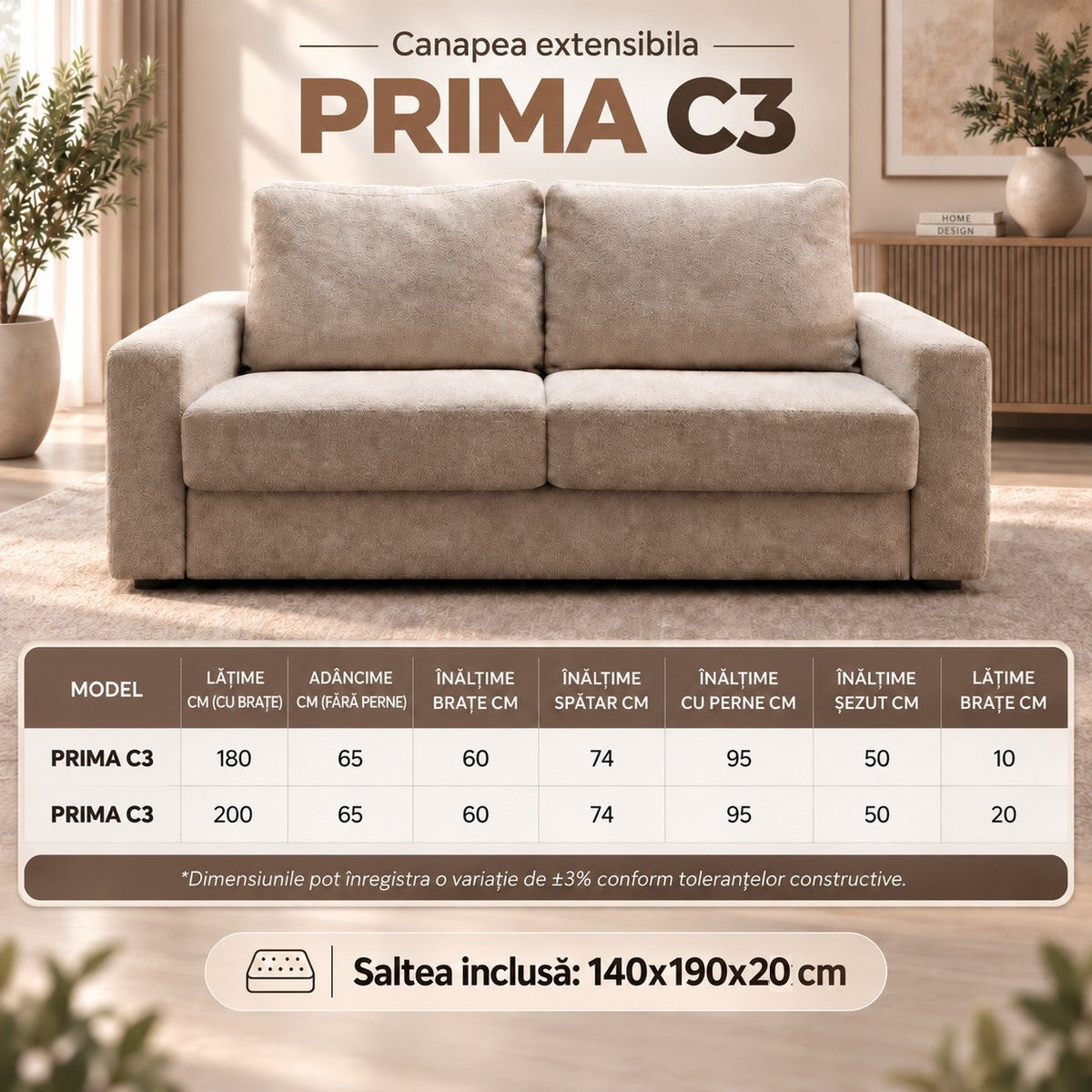 Canapea extensibilă PRIMA C3, cu saltea 140x190x20 cm - imaginea 12