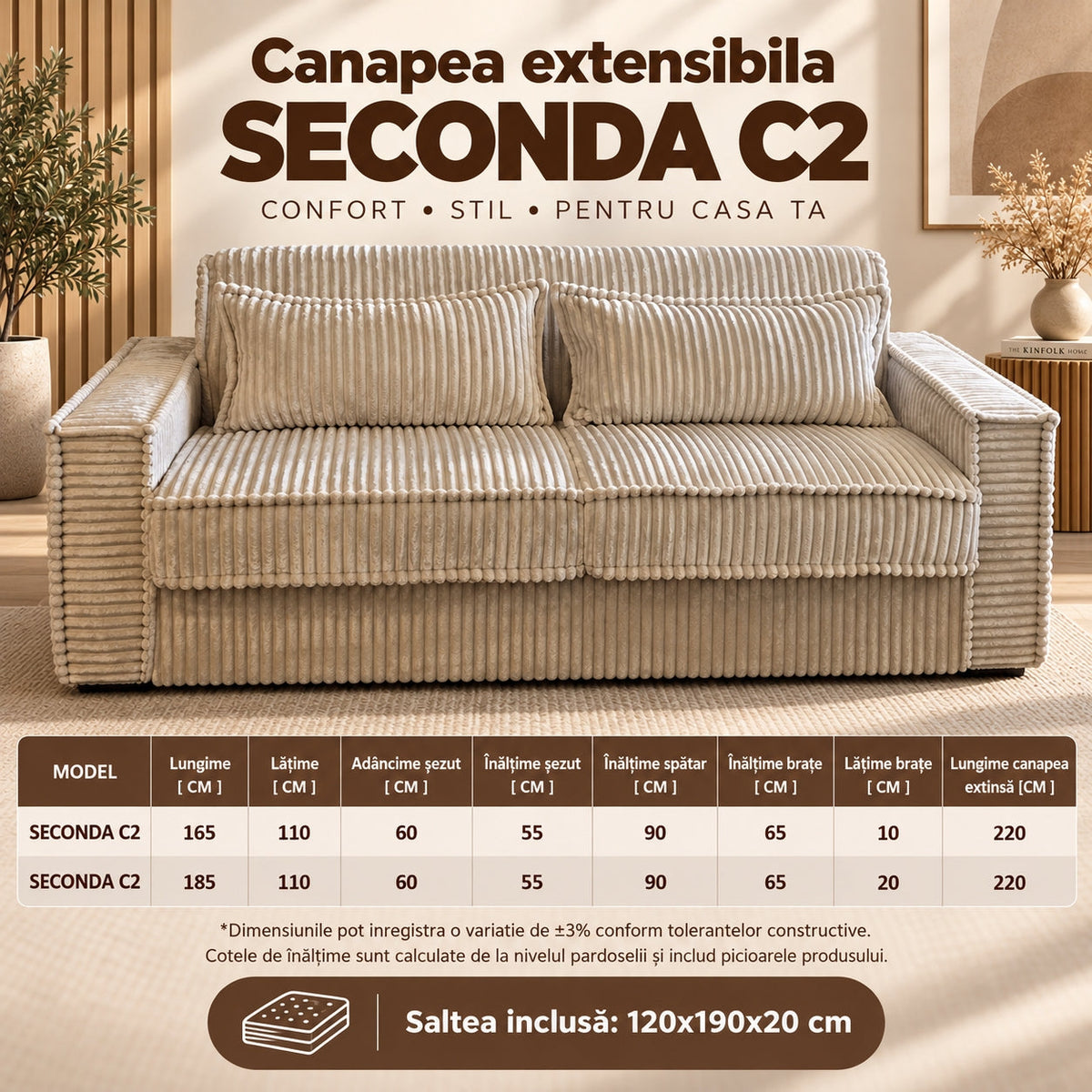 Canapea extensibilă SECONDA C2, cu saltea 120x190x20 cm - imaginea 6