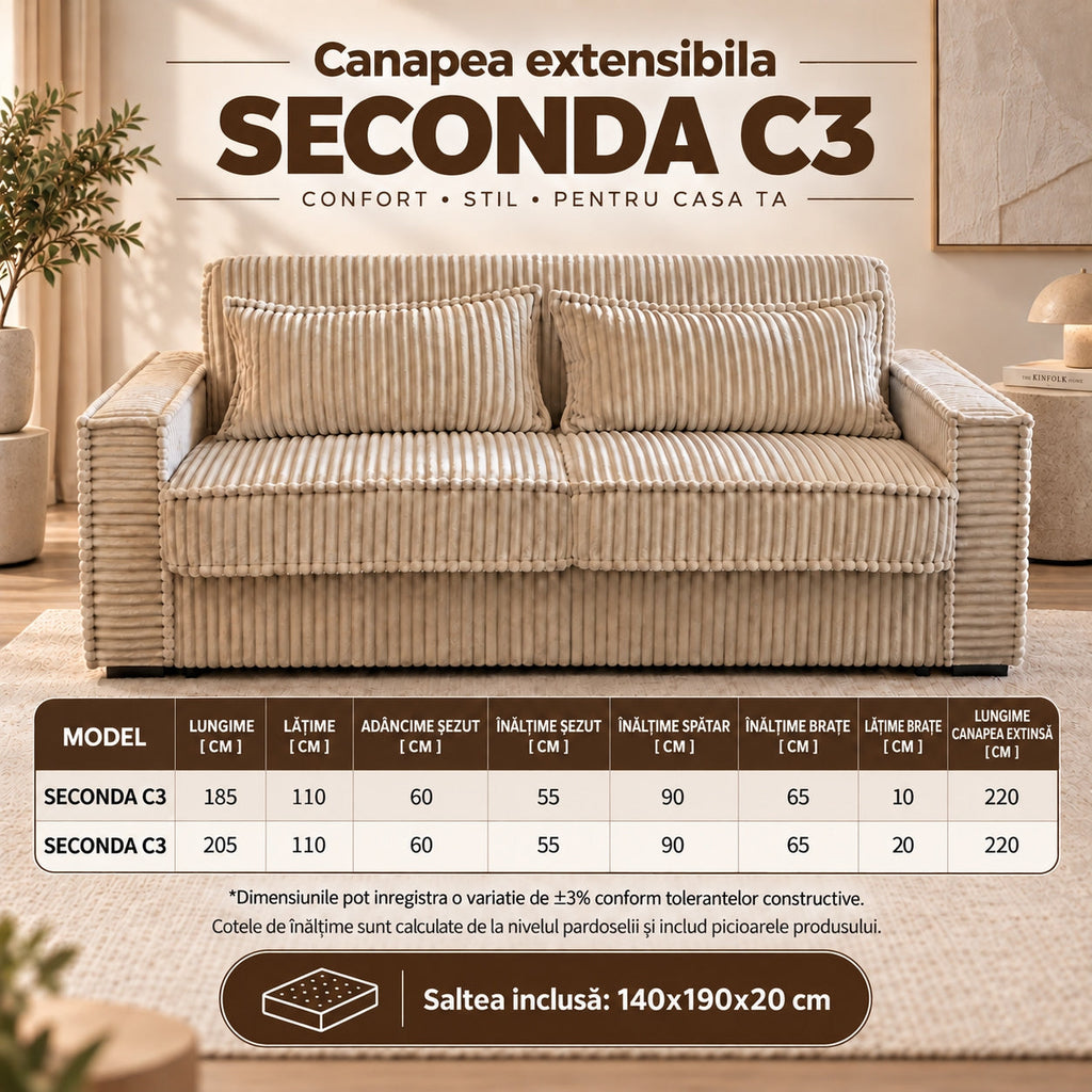 Canapea extensibilă SECONDA C3, cu saltea 140x190x20 cm - imaginea 8