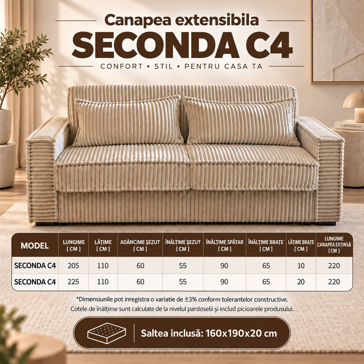 Canapea extensibilă SECONDA C4, cu saltea 160x190x20 cm - imaginea 11