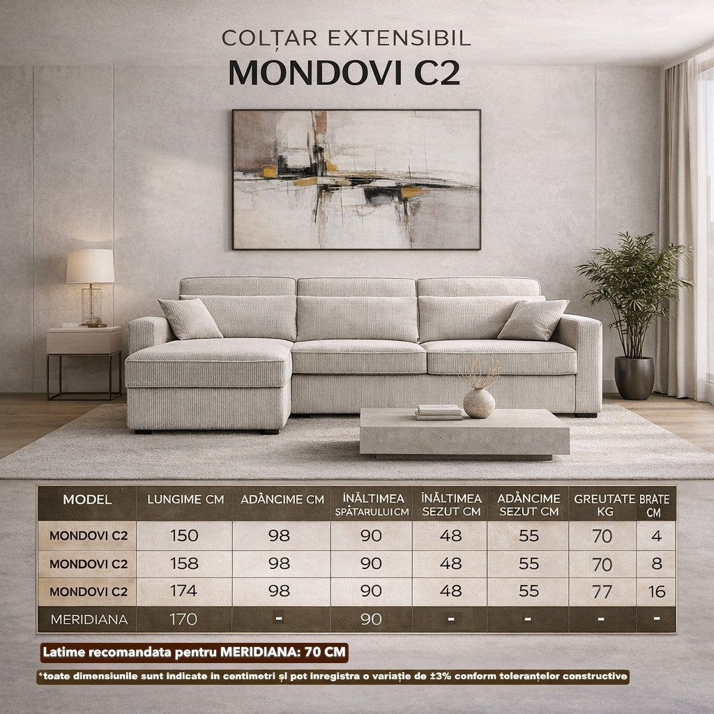 Colțar extensibil MONDOVI 3 locuri cu saltea 120×190 cm, reversibil stânga/dreapta (C2+M) - imaginea 6