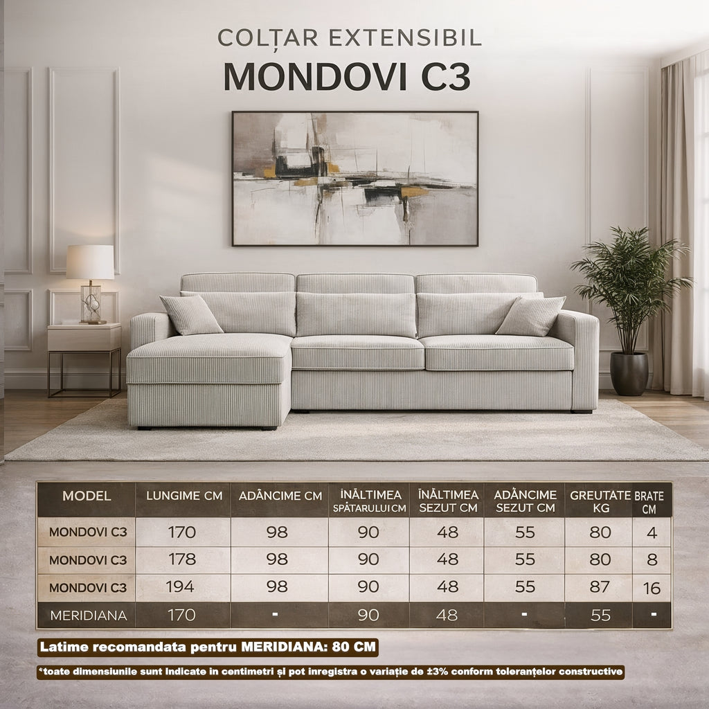 Colțar extensibil MONDOVI 4 locuri cu saltea 140×190 cm, reversibil stânga/dreapta (C3+M) - imaginea 7