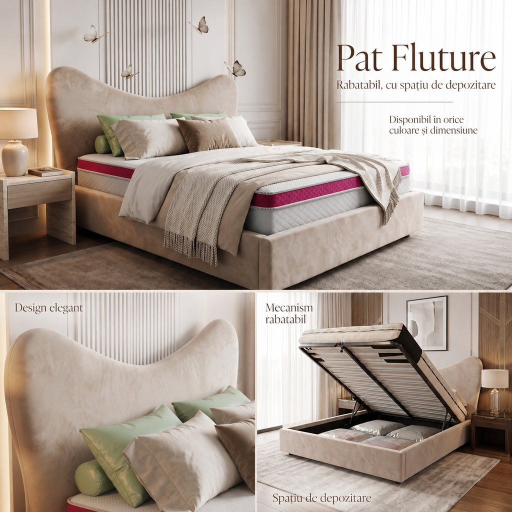 Pat tapitat FLUTURE cu somiera rabatabila si spatiu de depozitare - imaginea 3