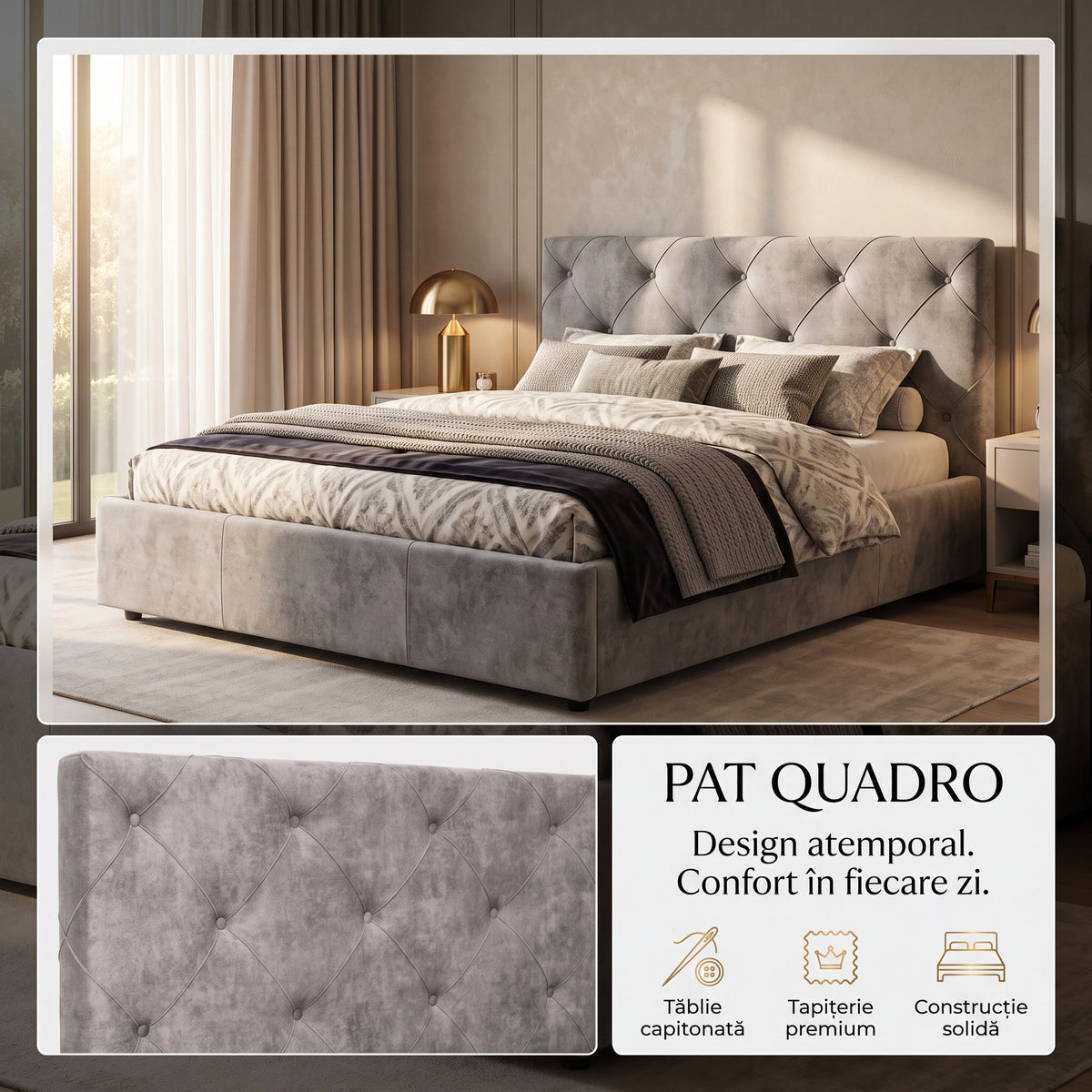 Pat tapitat QUADRO PLUS NEW cu somiera rabatabila si spatiu de depozitare - imaginea 4