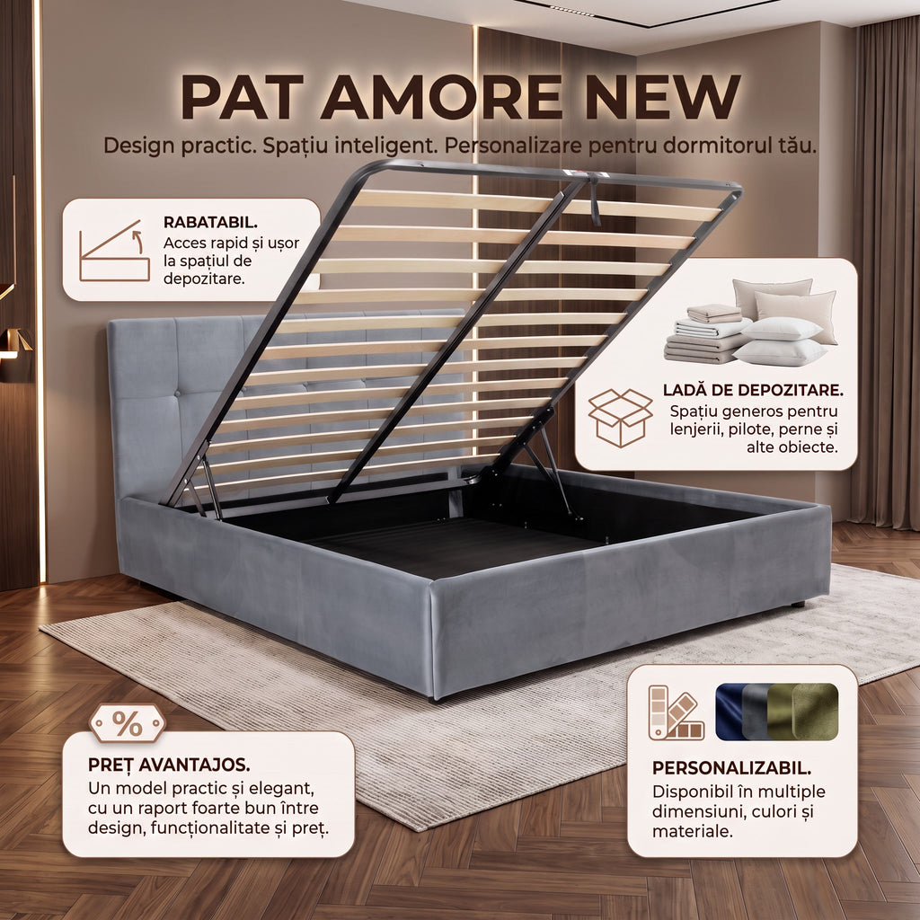 Pat tapitat AMORE NEW cu somiera rabatabila si spatiu de depozitare - imaginea 4