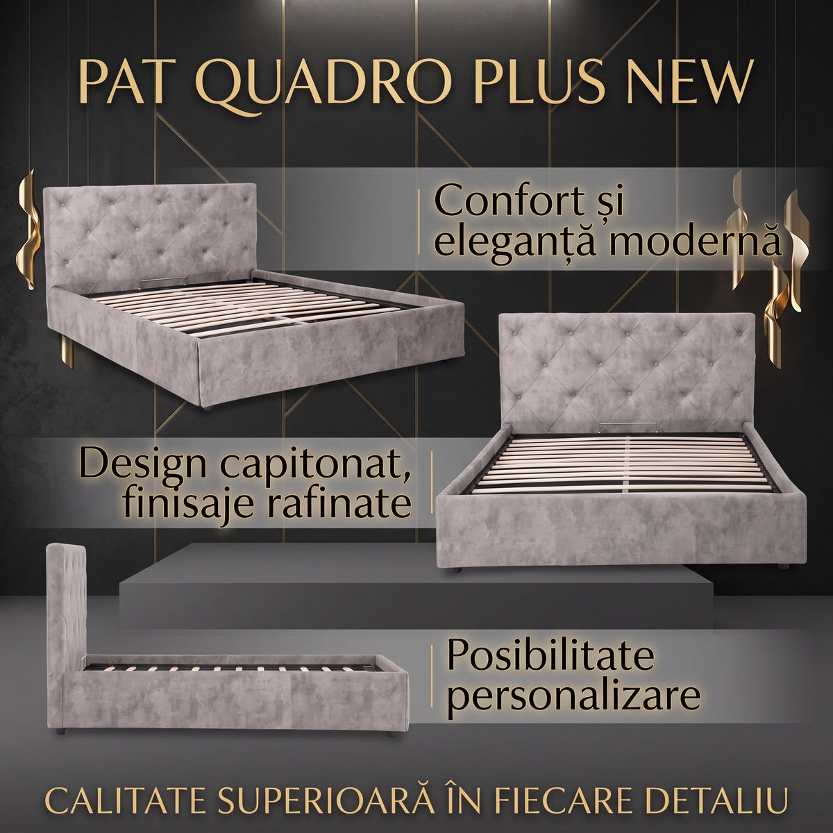 Pat tapitat QUADRO PLUS NEW cu somiera rabatabila si spatiu de depozitare - imaginea 5