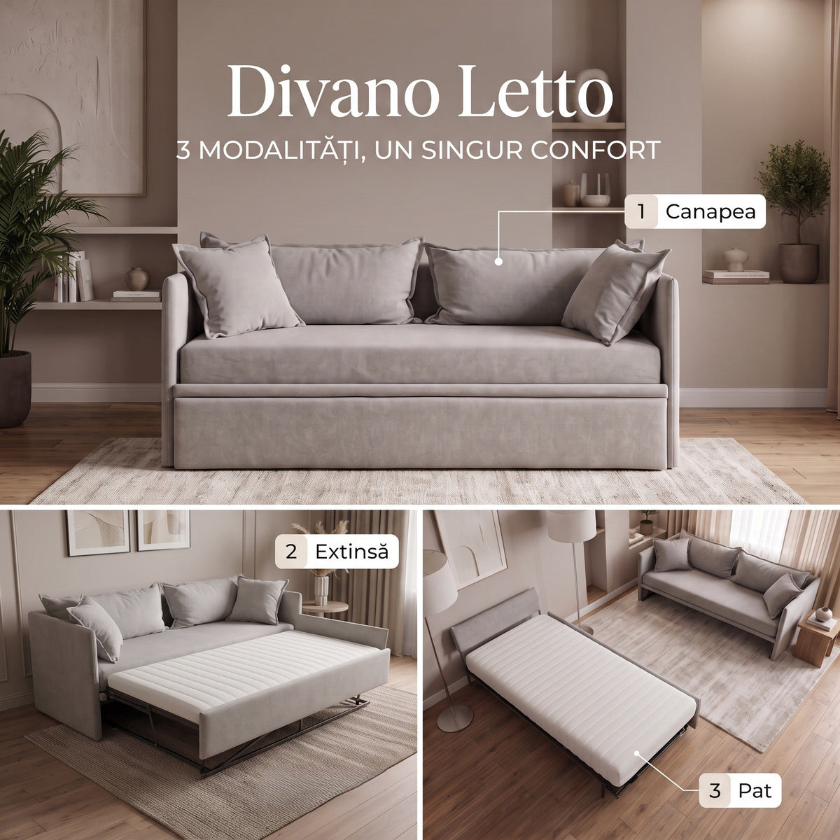 Canapea extensibila 3in1 DIVANO LETTO, cu saltea 80x200cm și perne decorative incluse - imaginea 6