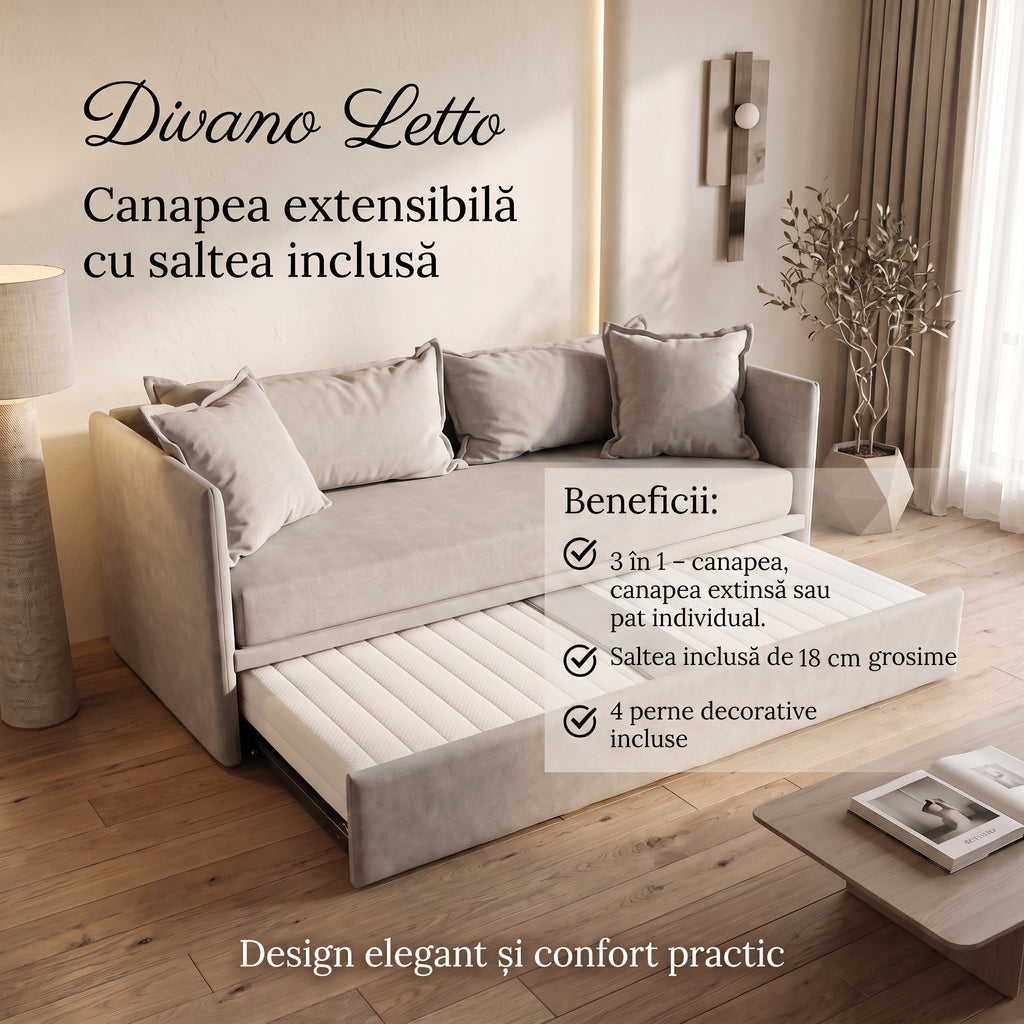 Canapea extensibila 3in1 DIVANO LETTO, cu saltea 80x200cm și perne decorative incluse - imaginea 7